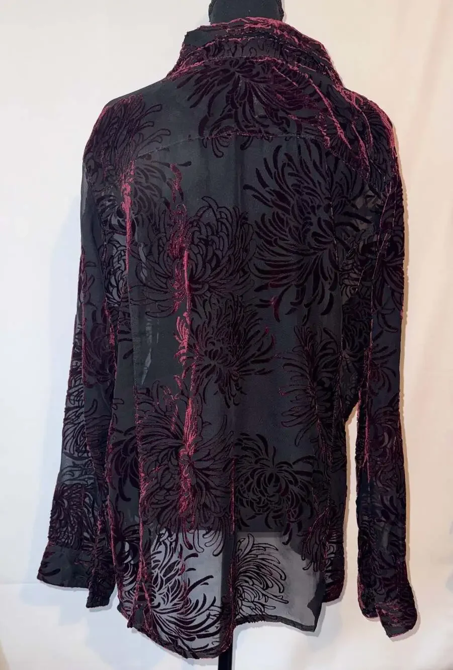 Chico's Black and Burgundy Floral Burnout Velvet Button-Down Shirt WhimsyGoth - Picture 5 of 12